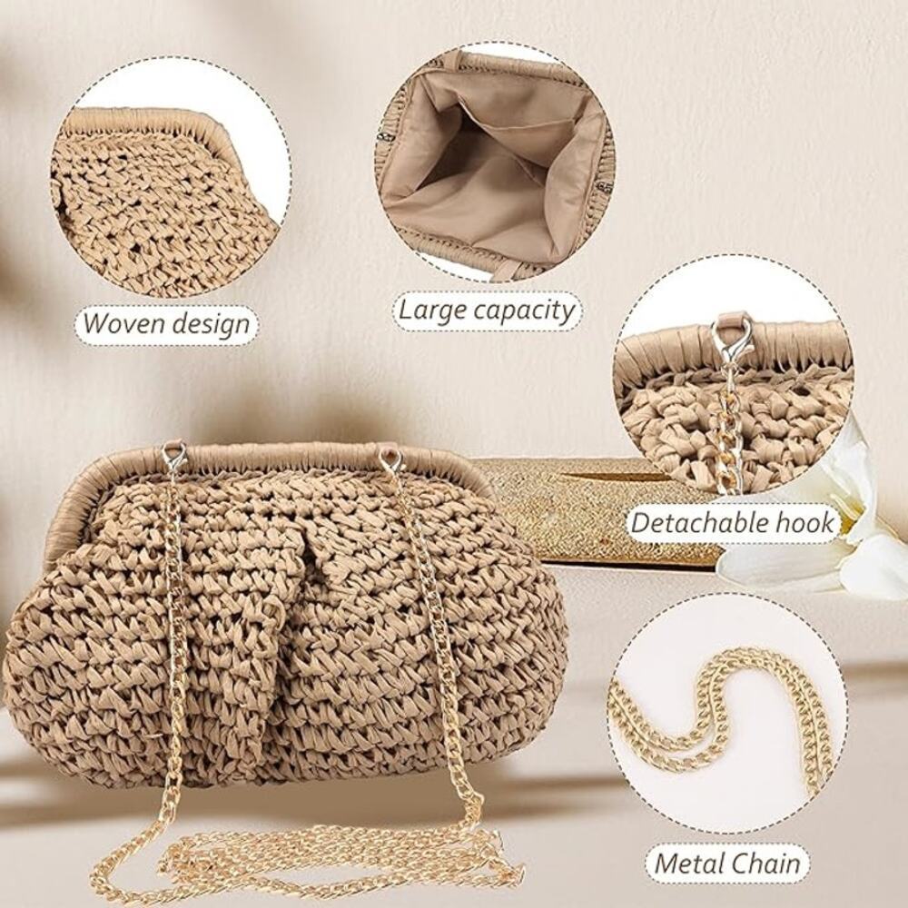 Tan Straw Clutch Handbags Women Woven Dumpling Purse Crossbody Shoulder Bag - Picture 4 of 6